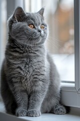 A cute gray British shorthair cat is sitting on a windowsill and looking out the window