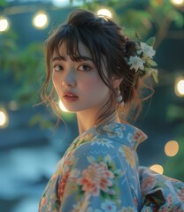 Beautiful Asian Woman in Traditional Japanese Kimono