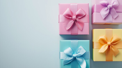 colorful gifts on a light blue background and a place to copy or design, New Year's card, Christmas card, gift card