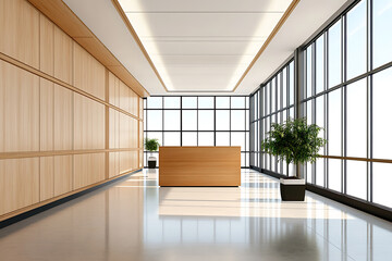 Obraz premium Modern office lobby with wooden finishes and large windows. 3D Rendering 