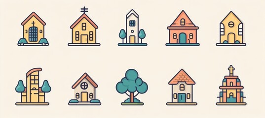 Simple Vector Icons of Buildings: Home Office, School, Church, Police Station, Restaurant, Library in Minimalist Style
