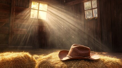 Sunlight Streaming Through Barn Windows Illuminating a Rustic Cowboy Hat on Stacks of Hay, Creating a Peaceful Country Atmosphere