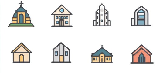 Simple Vector Icons of Buildings: Home Office, School, Church, Police Station, Restaurant, Library in Minimalist Style