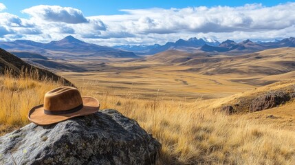 Scenic Landscape with Hat on Rock, Dramatic Clouds in Clear Blue Sky, Majestic Mountains in Background, Serene Grasslands and Vibrant Nature in Highlands