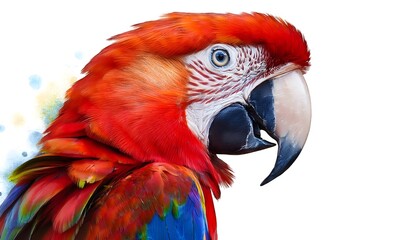 Obraz premium Vibrant watercolor illustration of a scarlet macaw parrot showcasing its bold red, orange, and blue feathers with detailed attention to the beak and eyes. Isolated on transparent background
