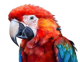 Fototapeta premium Vibrant watercolor illustration of a scarlet macaw parrot showcasing its bold red, orange, and blue feathers with detailed attention to the beak and eyes. Isolated on transparent background
