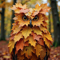 Autumn Owl: A Majestic Owl Crafted from Vibrant Fall Leaves in a Mystical Forest Setting
