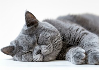 Fototapeta premium A gray British shorthair cat is sleeping on a white table.