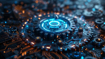Fototapeta premium Glowing blue and orange circuit board with gears