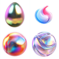 iridescent holographic 3d rendered shape isolated on white background. set of four. abstract pearl shapes.