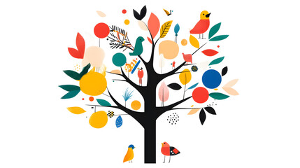 whimsical family tree illustration with colorful birds and leaves