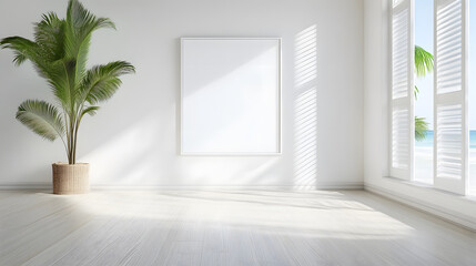 bright, minimalistic room with palm tree and large windows. Natural light creates serene
