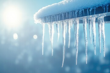 Icicles hanging from roof edge with soft snowy background, clear top copyspace, sparkling in sunlight, intense cold and wintry feel