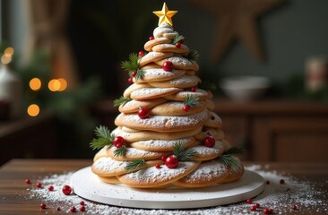 Christmas tree made from brownie cookies with cracks, cinnamon spices, bells and Christmas toys on old concrete or stone background. New Year's concept. Top view.