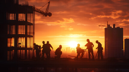 Naklejka premium Construction workers silhouetted against vibrant sunset skyline