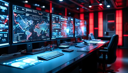 Obraz premium Futuristic Workspace Featuring High-Tech Surfaces and Digital Displays