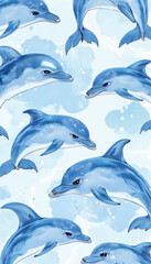 Obraz premium Dolphin pattern with watercolor textures in shades of blue
