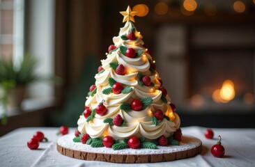 Christmas tree made from brownie cookies with cracks, cinnamon spices, bells and Christmas toys on old concrete or stone background. New Year's concept. Top view.