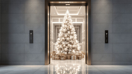 Elegant Christmas tree in a modern elevator against a sleek architectural backdrop