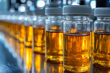Rows of glass vials filled with golden liquid on a laboratory bench