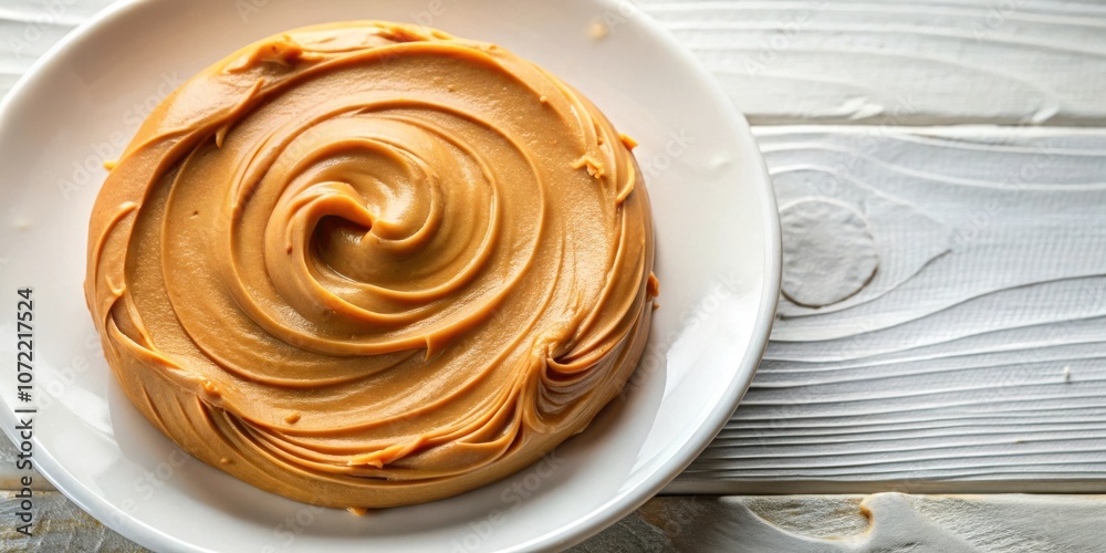 Poster a single serving of peanut butter spread on a white plate, a simple yet satisfying snack