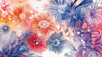 New Year celebration fireworks flat design top view holiday theme watercolor Triadic Color Scheme