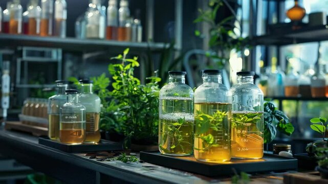 Vibrant herbal infusions in laboratory setting with glass bottles and plants