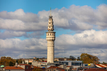 Obraz premium Ancient Medieval Fire Tower (Turkish: Yangın Kulesi) of Istanbul University. It located at the centre of Istanbul University Beyazit Central Campus. Beyazit Tower