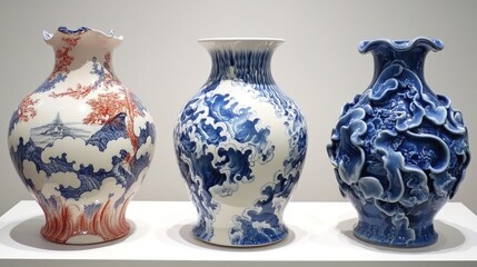 Three decorative ceramic vases with blue and white designs.
