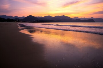 Fototapeta premium Stunning Sunset Seascape with Silhouetted Mountains Background