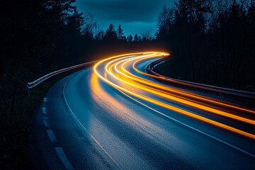 Fototapeta premium Light trails along a winding road during twilight hours