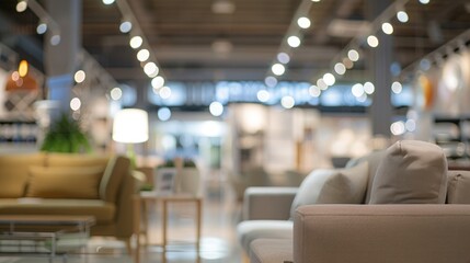 Blurred interior of modern furniture showroom with soft lighting. Retail and home decor concept.