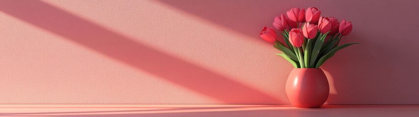 Obraz premium Valentine's Day background with pink tulips in a vase on a light red pastel background