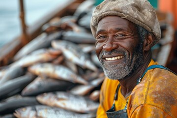 Portrait of a smiling African fisherman with a pile of fish in the background