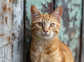 A ginger cat is sitting in front of a wooden door