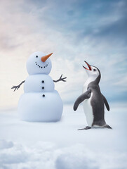 Fototapeta premium A playful penguin builds a snowman in a winter wonderland under a soft, glowing sky during a snowy afternoon