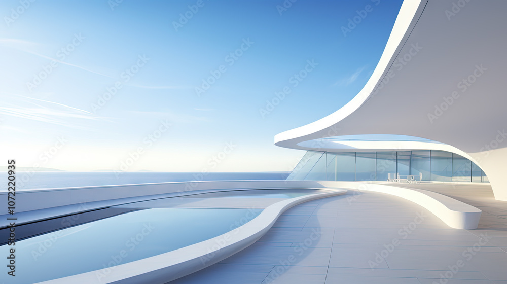 Poster Abstract architecture scene with smooth curves. Abstract background with futuristic building in white and blue colors.