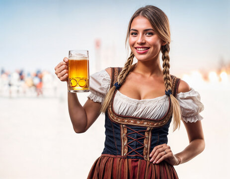 H&uuml;bsche Bayerin im Dirndl der traditionellen Trachtenmode mit Bier