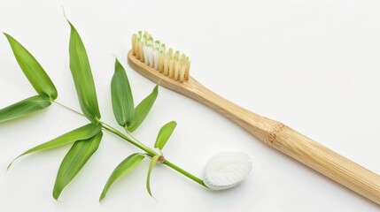 Flat lay of bamboo toothbrush and green leaves on white background. Eco-friendly dental care concept.