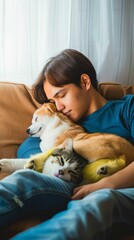 Obraz premium A man is sleeping on the couch with a dog and a cat