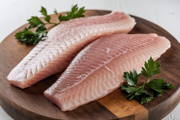 raw fish fillets placed on a wooden cutting board