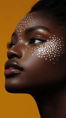 Creative face art on a woman with bold yellow background