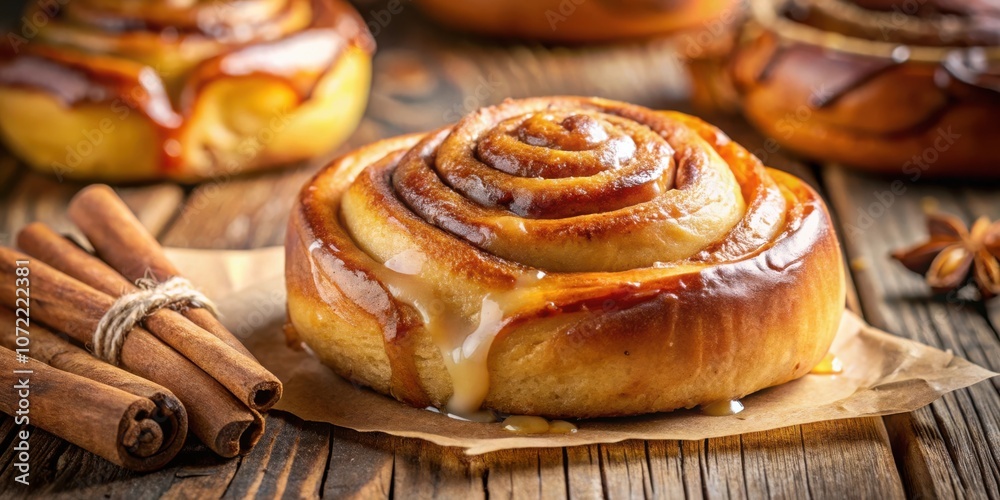 Poster a close-up shot of a freshly baked cinnamon roll with gooey icing, resting on parchment paper on a r