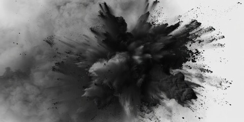 Abstract black powder explosion on white background. Dark smoke and dust particles concept.
