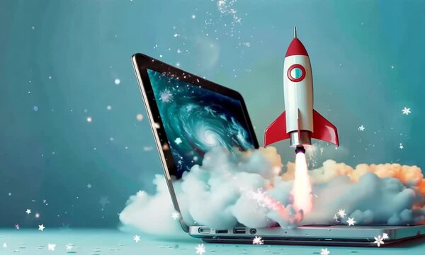 A laptop computer with a rocket coming out of it