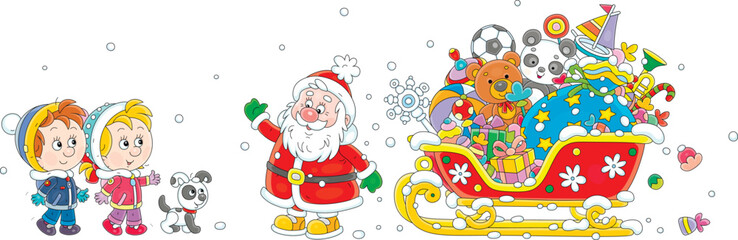 Obraz premium Funny Santa Claus with his magical sleigh full of Christmas gifts for happy little children, vector cartoon illustration on a white background