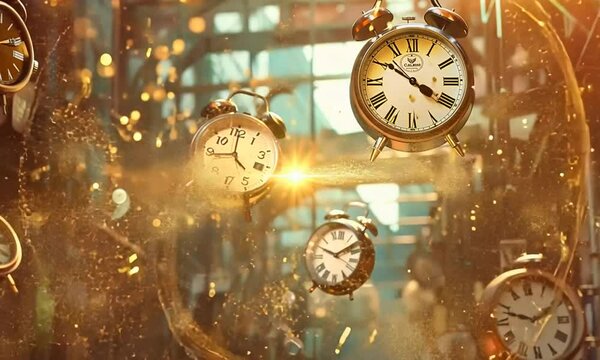 Clocks flying between buildings, symbolizing destruction