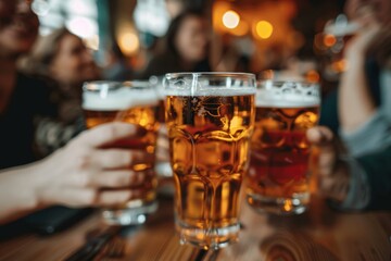 Four People Toasting Beer Glasses at a Bar
