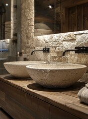 Rustic Stone Bathroom Vanity with Wooden Countertop