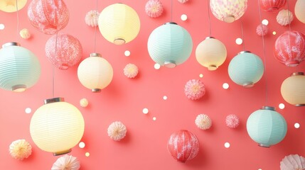 New Year lights and lanterns flat design top view cultural theme 3D render colored pastel 